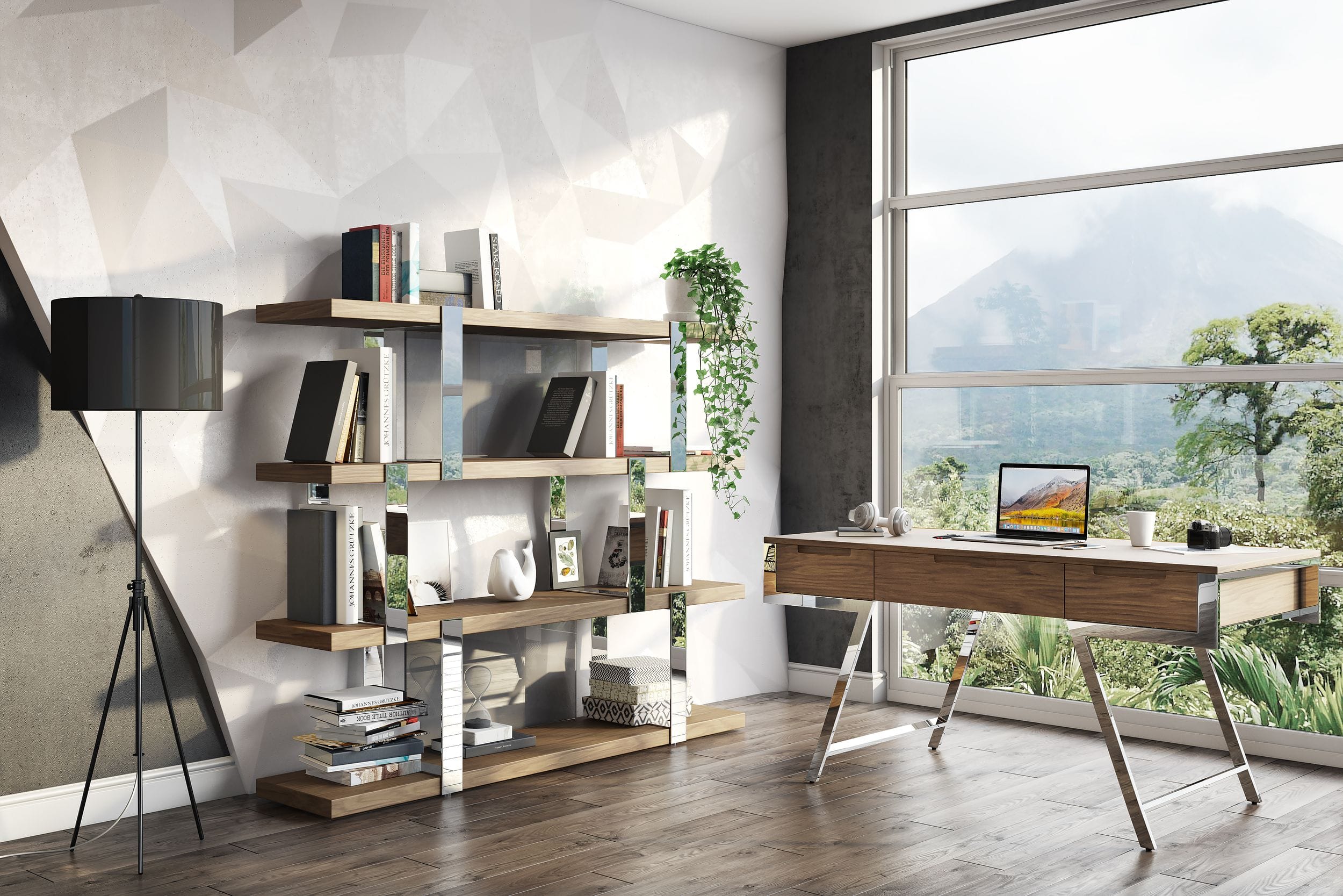 Brewer - Modern Walnut Glass & Stainless Steel Bookshelf - image 2