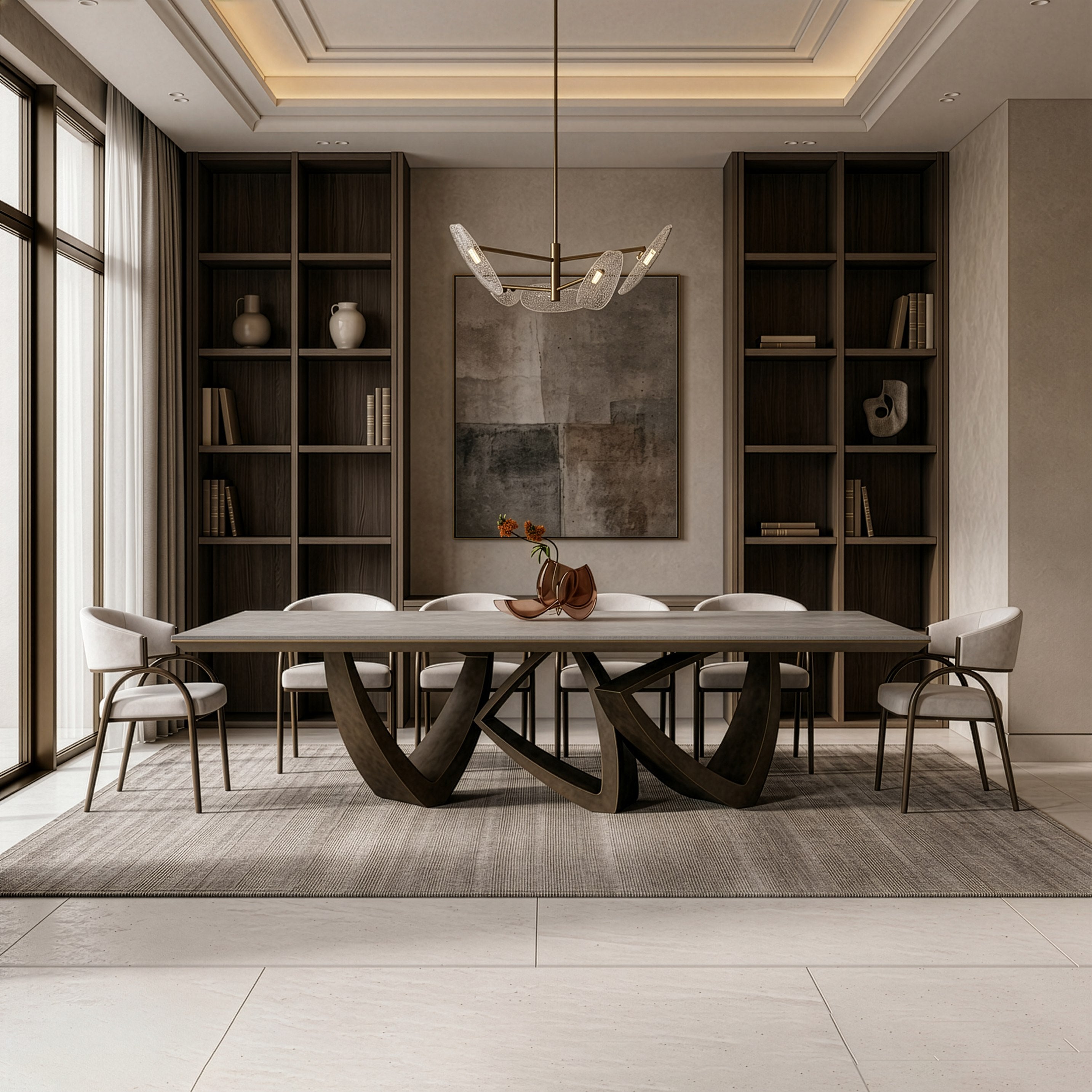 Dollemore - Modern Faux Travertine Ceramic + Antique Brass Dining Table - image 5