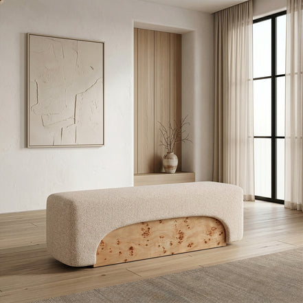 Mayfair - Contemporary Beige Fabric + Burl Bench Ottoman - image 3