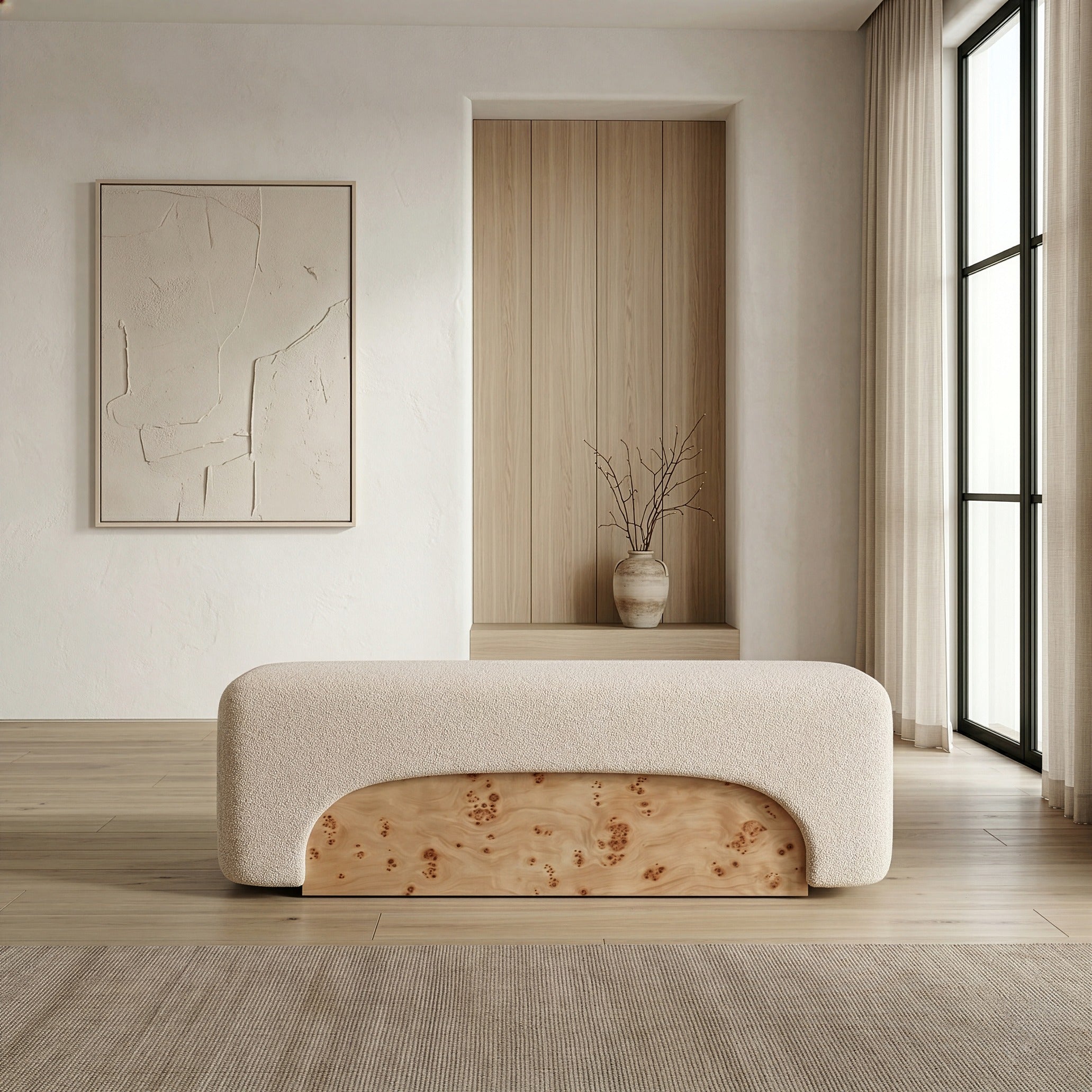 Mayfair - Contemporary Beige Fabric + Burl Bench Ottoman - image 4
