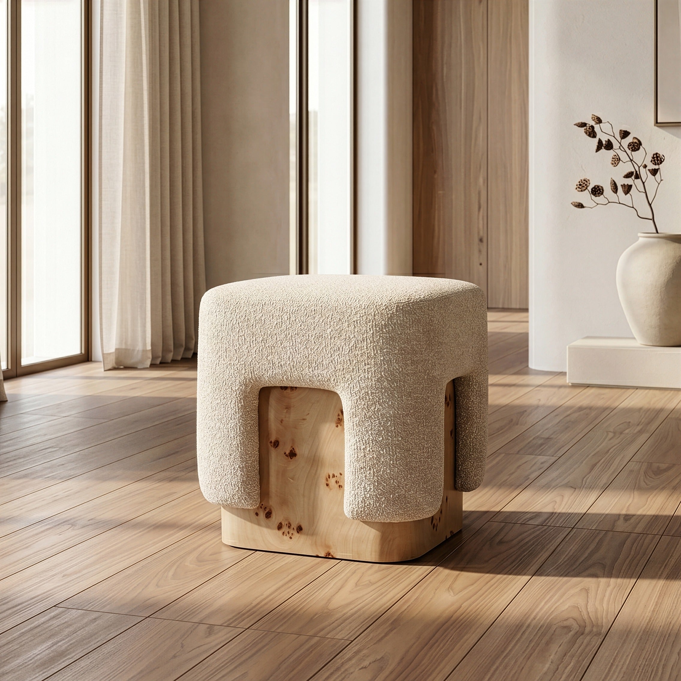 Mayfair - Contemporary Beige Fabric + Burl Square Ottoman - image 2