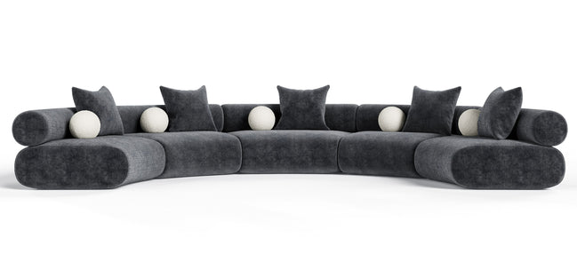 Simpson - Contemporary Dark Grey Fabric Curved Modular Sectional Sofa with Throw Pillows-5-Piece Sectional