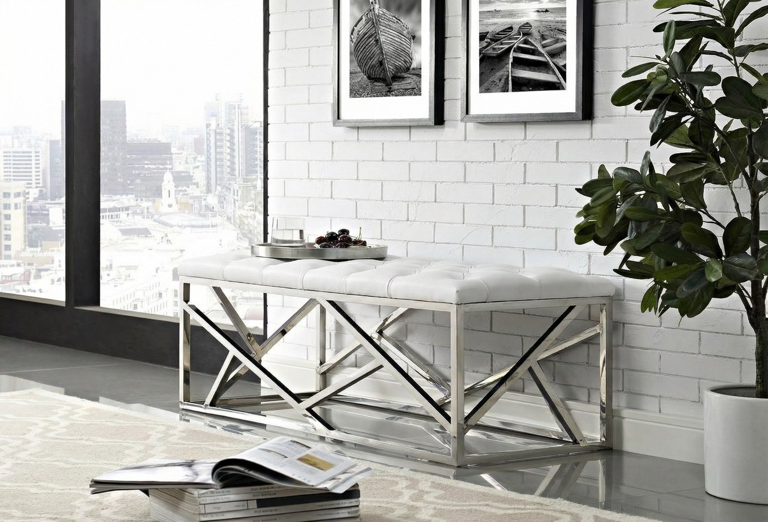 Lindsey Modern White Leatherette & Stainless Steel Bench - image 3