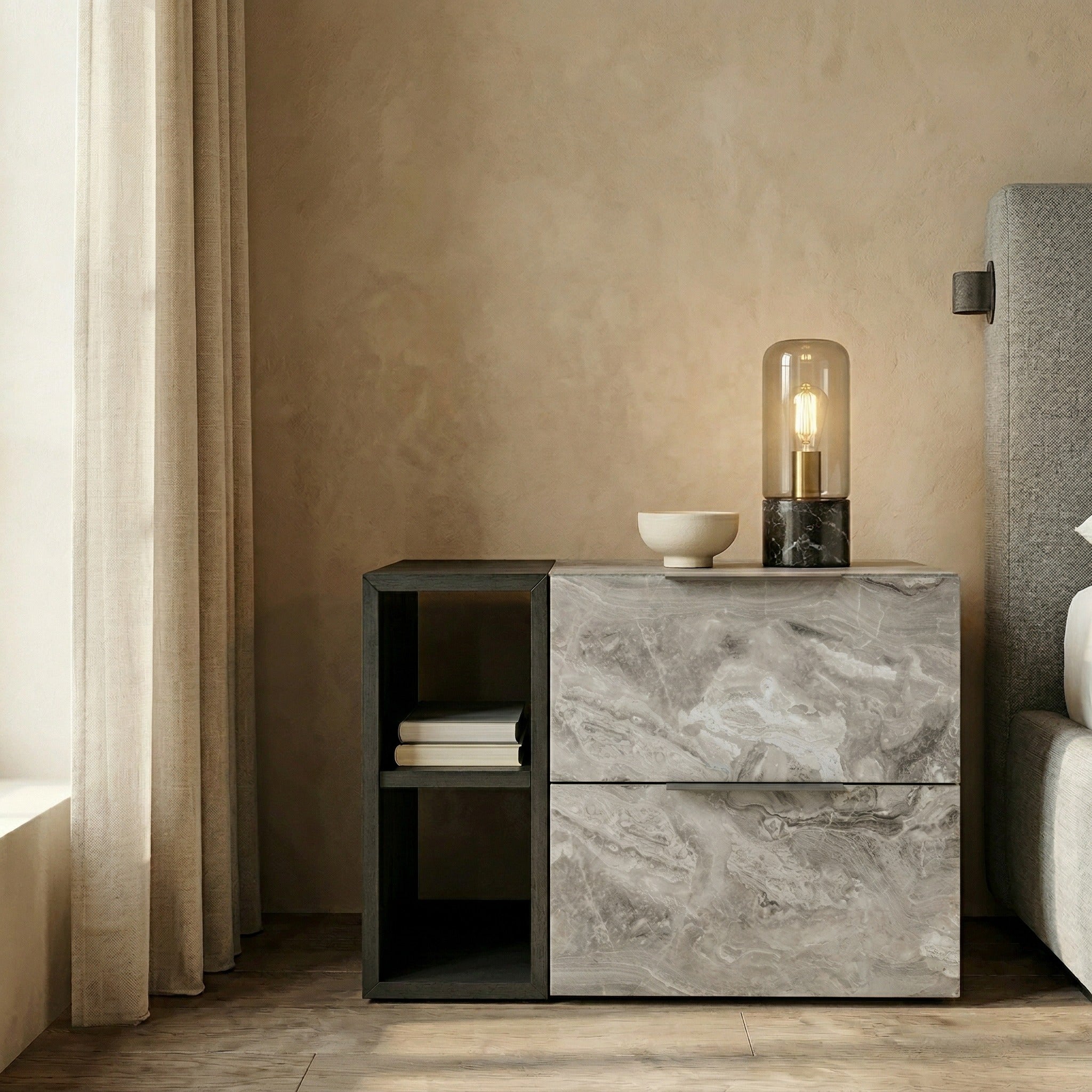 Maranello - Modern Grey Wash & Faux Marble Nightstand - image 4
