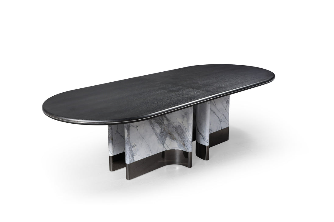 Renfew - Modern Black Oak + Faux Marble Oval Dining Table