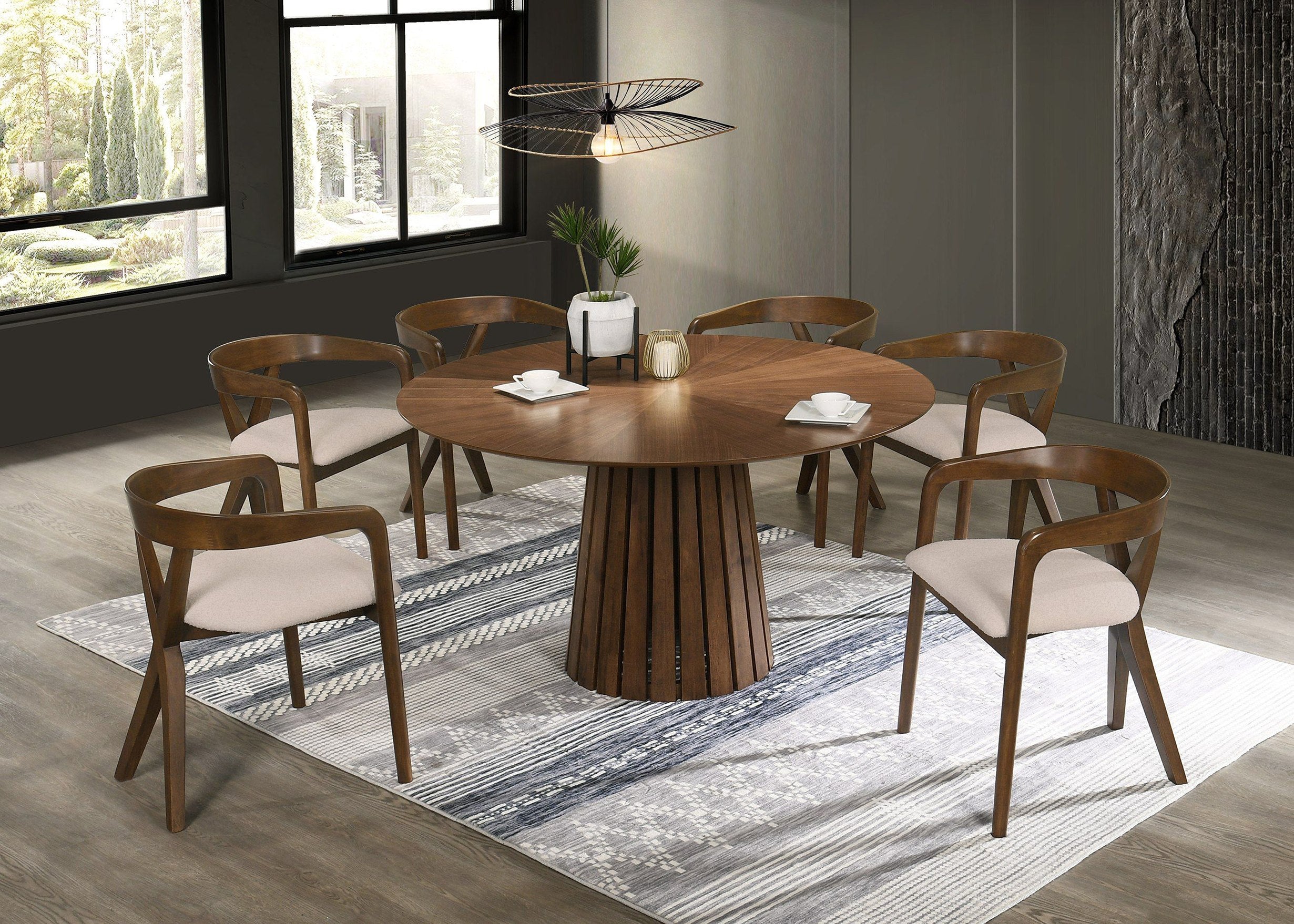 Weiss - Mid-Century Modern Walnut Round Dining Table + 6 Chair Set - image 5