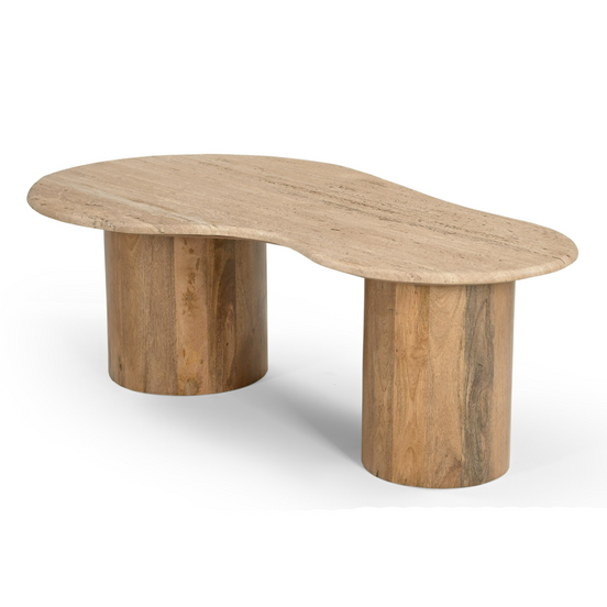 Sanford - Modern Travertine Marble + Wood Freeform Coffee Table - image 2