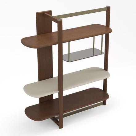 Denali - Mid-Century Modern Walnut + Tea Glass + Gold Left-Facing Shelf