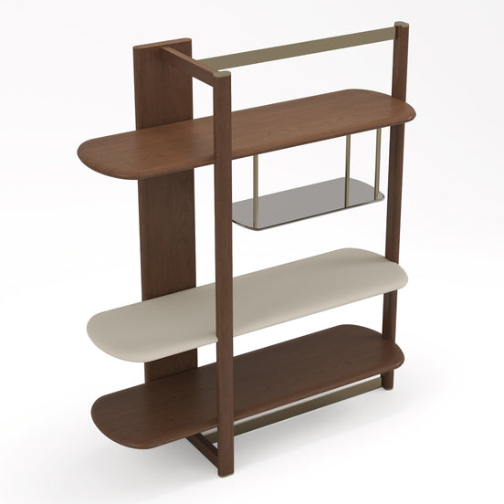 Denali - Mid-Century Modern Walnut + Tea Glass + Gold Left-Facing Shelf