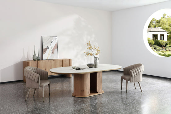 Walbrook - Modern Faux Travertine Ceramic + White Oak Oval Dining Table