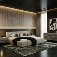 Eastern Lamont + Aria - Modern Beige Fabric + Grey Texture 4-Piece Bedroom Set Queen