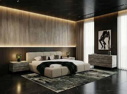 Eastern Lamont + Aria - Modern Beige Fabric + Grey Texture 4-Piece Bedroom Set Queen