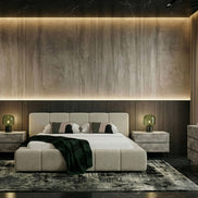 Eastern Lamont + Aria - Modern Beige Fabric + Grey Texture 4-Piece Bedroom Set Queen