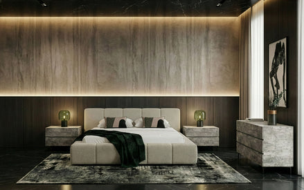 Eastern Lamont + Aria - Modern Beige Fabric + Grey Texture 4-Piece Bedroom Set Queen