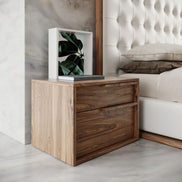 California King Amberlie - Modern White Vegan Leather + Walnut 4-Piece Bedroom Set