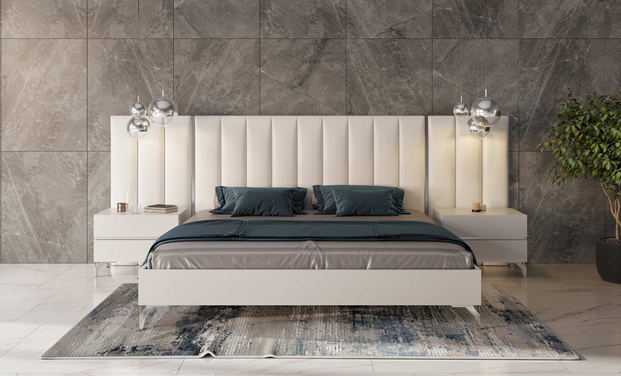 Angela - Eastern King Italian Modern White Eco Leather Bed w/ Nightstands and Wings - image 2