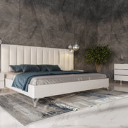 Angela - Eastern King Italian Modern White Eco Leather Bed w/ Nightstands and Wings