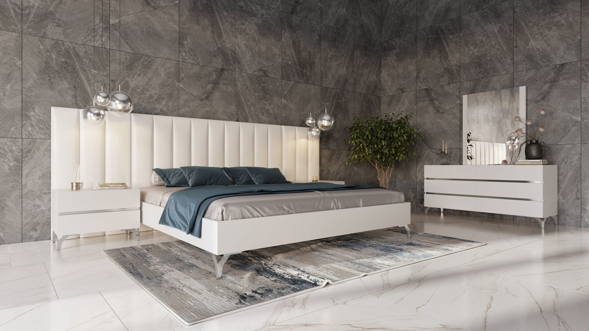 Angela - Eastern King Italian Modern White Eco Leather Bed w/ Nightstands and Wings - image 4