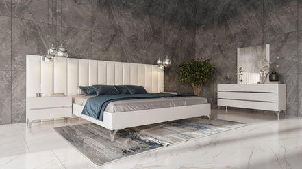 Angela - Eastern King Italian Modern White Eco Leather Bed w/ Nightstands and Wings - image 4