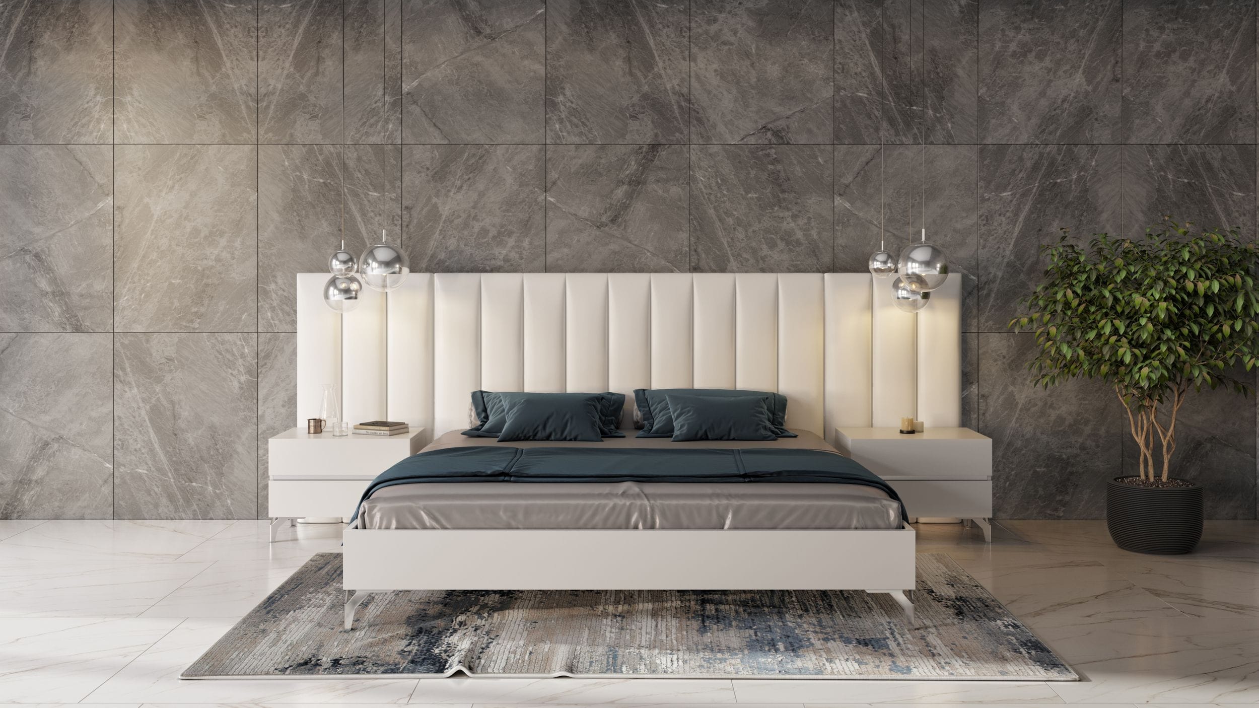 Angela - Eastern King Italian Modern White Eco Leather Bed w/ Nightstands and Wings - image 3
