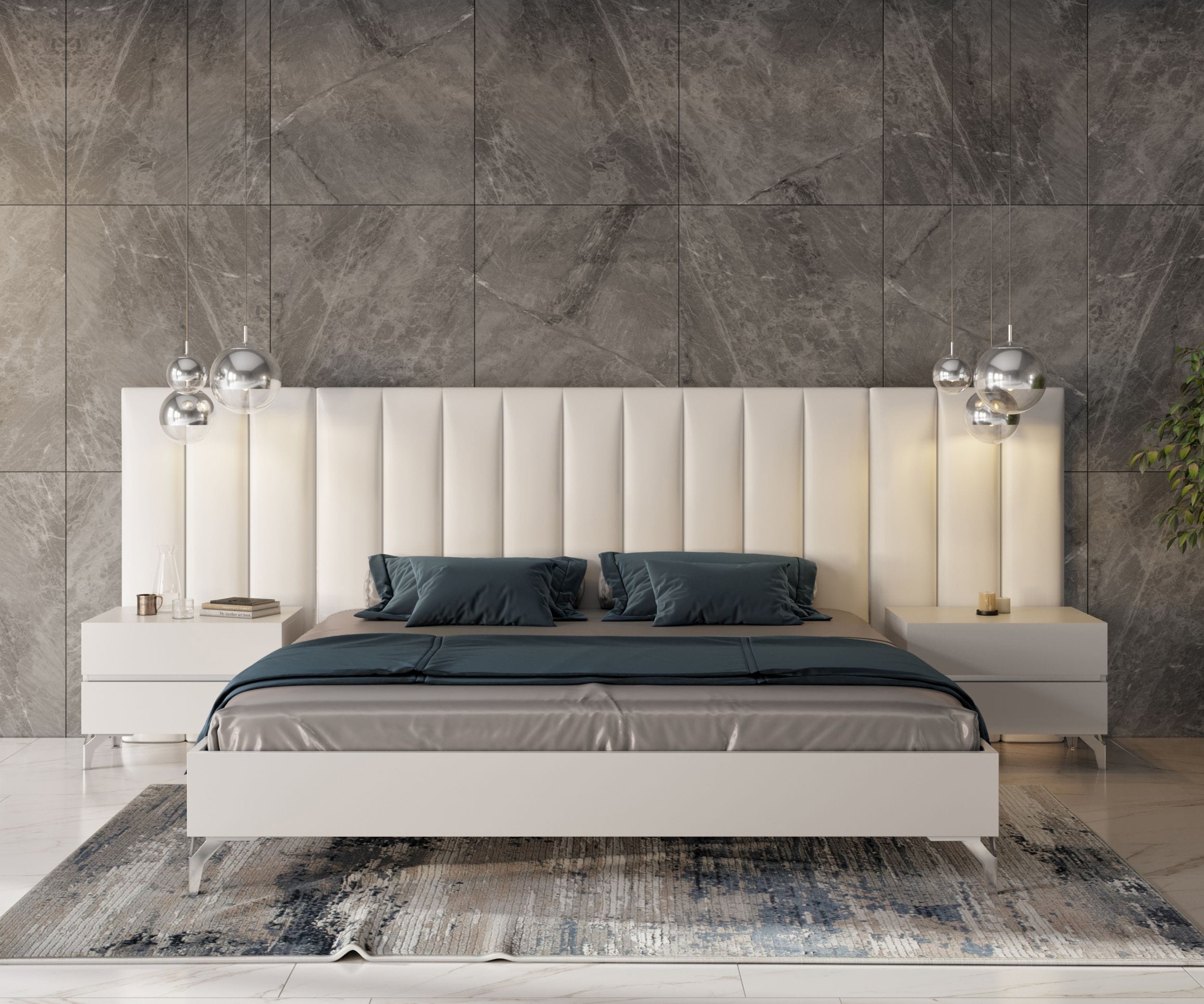 Angela - Eastern King Italian Modern White Eco Leather Bed w/ Nightstands and Wings - image 5
