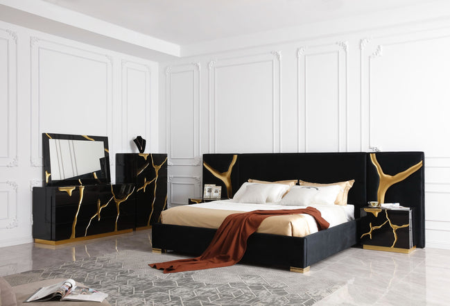 Aspen - Modern Wide Black and Gold Nightstand