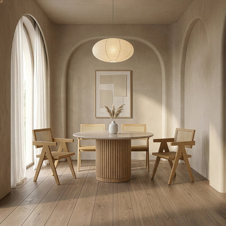 Bambi - Modern Botticino Marble + Mango Round Dining Table