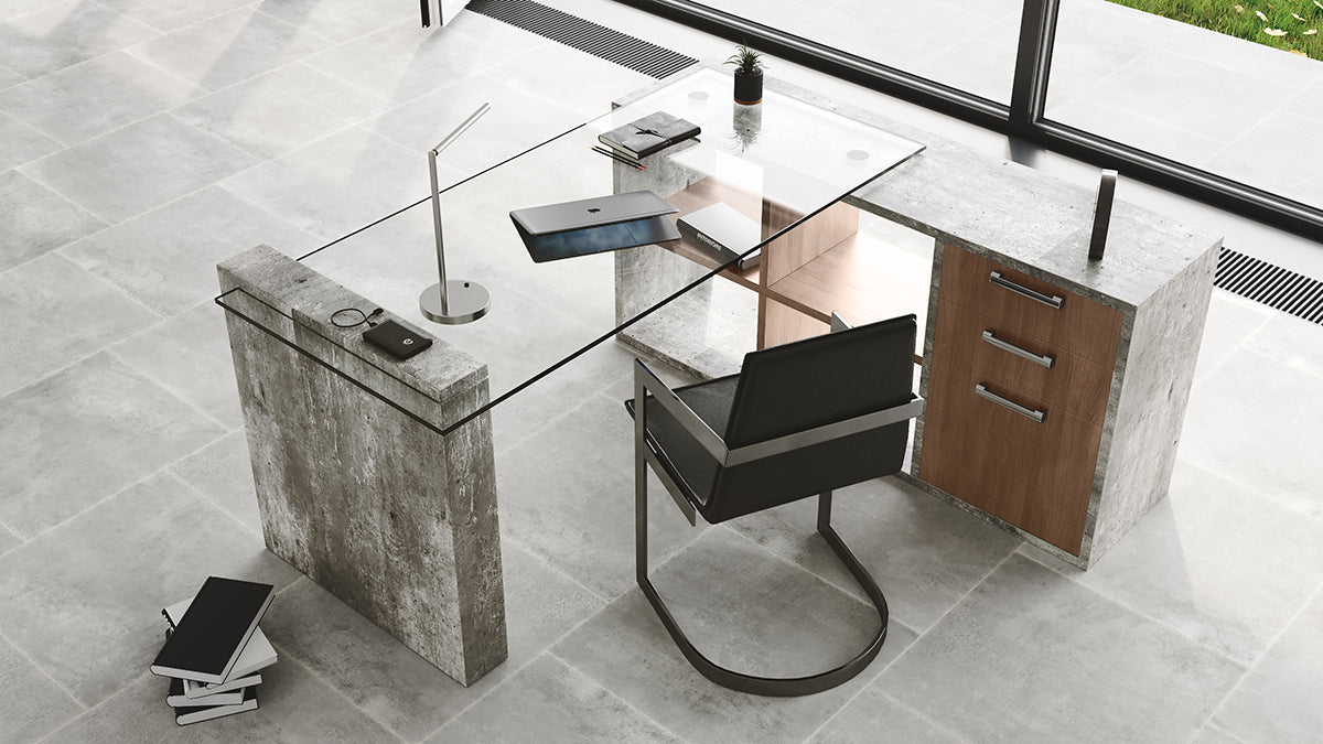 Boston Modern Glass & Faux Concrete Reversible Desk - image 5