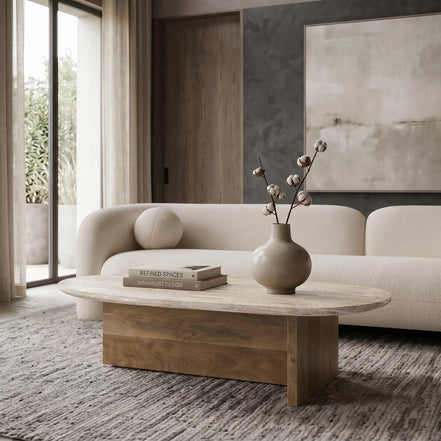 Chisholm - Modern Travertine Marble + Wood Freeform Coffee Table - image 3