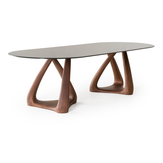 Christy - Mid-Century Modern Grey Glass + Walnut Oval Dining Table