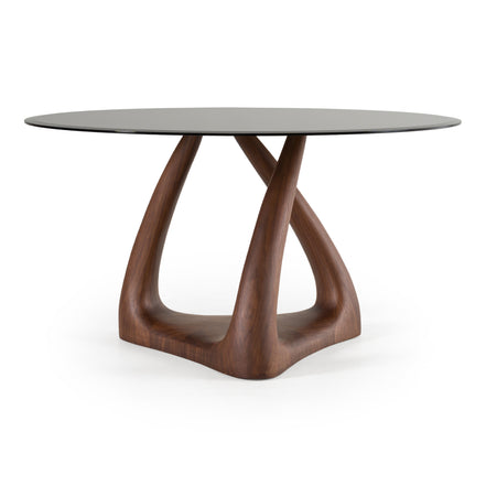 Christy - Mid-Century Modern Grey Glass + Walnut Round Dining Table