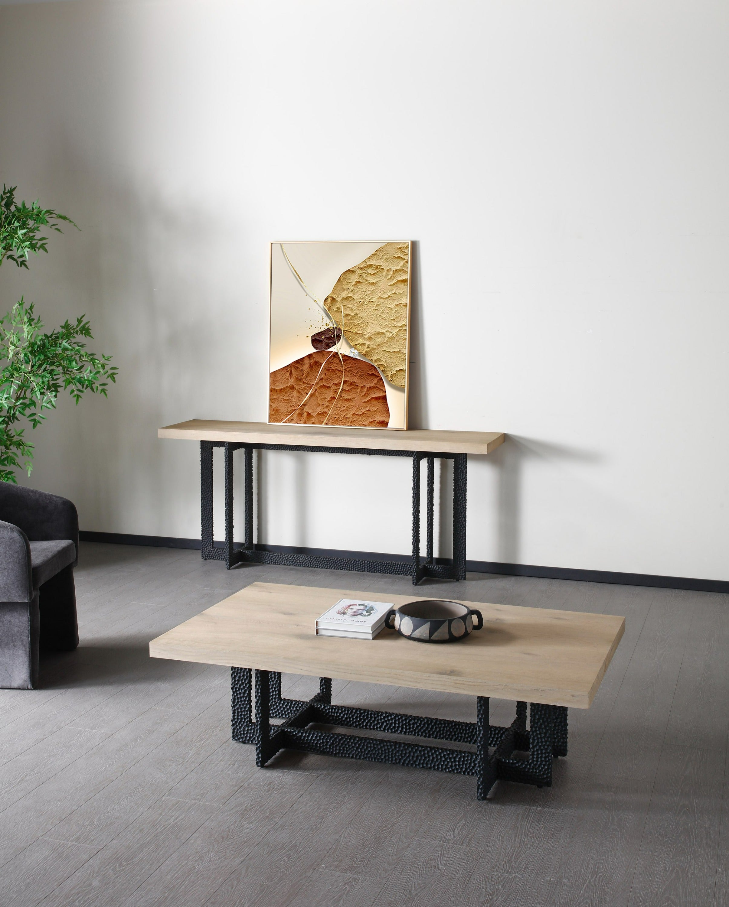 K8963 - Natural Oak + Black Metal Console Table
