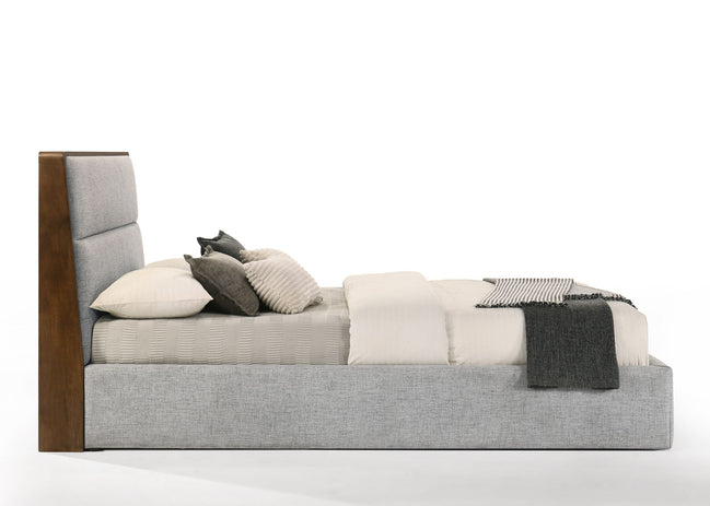 Dustin - QueenModern Grey Fabric & Walnut Trimmed Bed