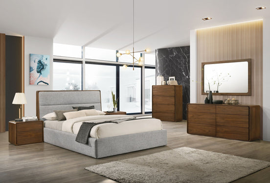 Dustin - Eastern King Modern Grey Fabric & Walnut Trimmed Bed - image 2