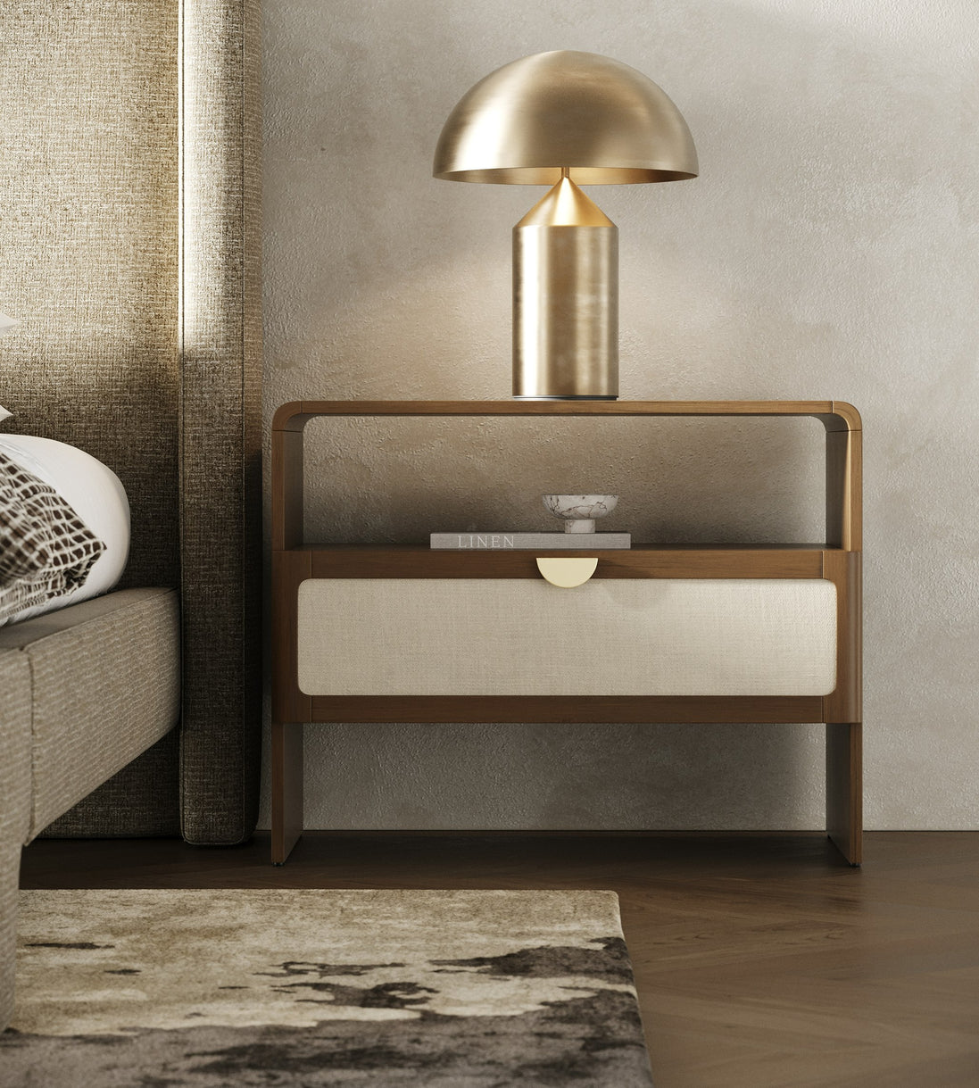 Emilio - Modern Natural Burlap + Walnut Nightstand