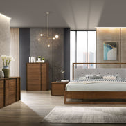 California King Falcor - Modern Grey Fabric & Walnut Veneer Bed