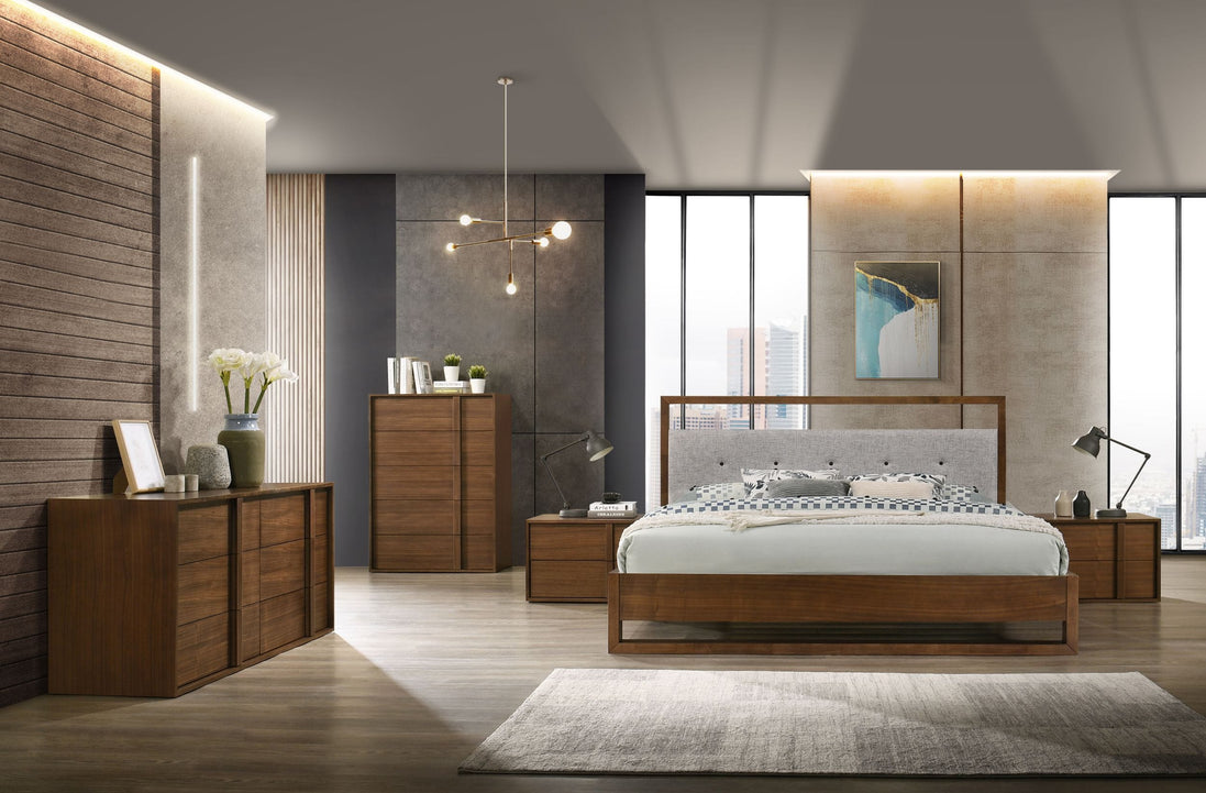 California King Falcor - Modern Grey Fabric & Walnut Veneer Bed
