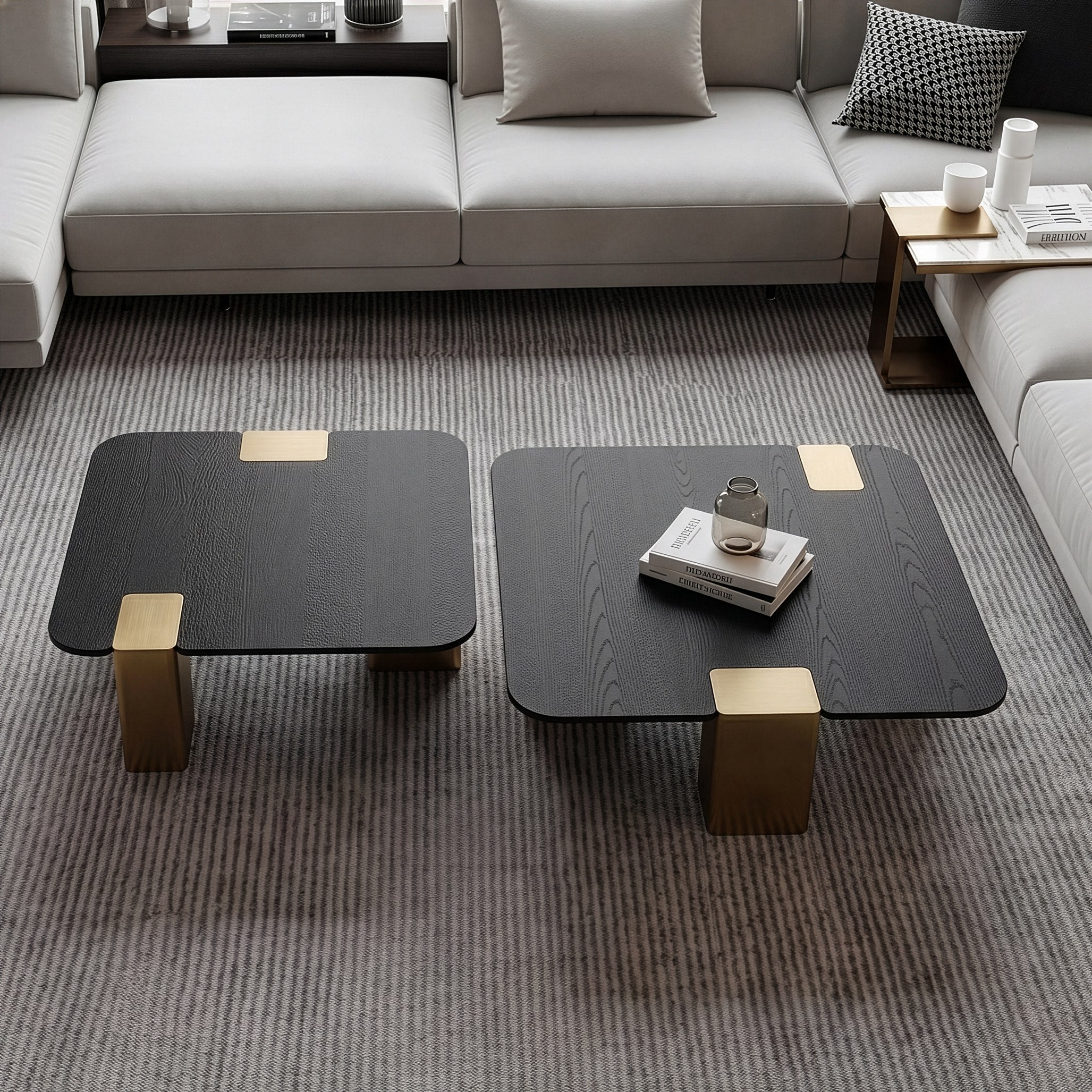 Harold - Modern Black + Brushed Gold Oak Square Nesting Coffee Table Set - image 4