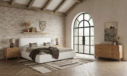 Queen Liam + Mikala - Modern Ivory Fabric + Natural Oak 4-Piece Bedroom Set
