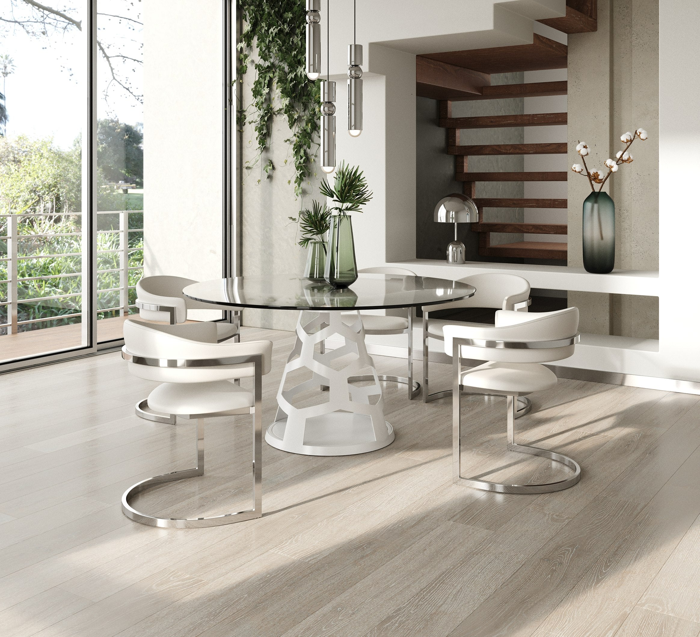 Lilly - Modern 12mm Round Glass + White Dining Table - image 5