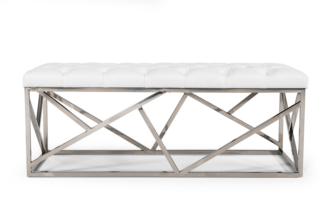 Lindsey Modern White Leatherette & Stainless Steel Bench