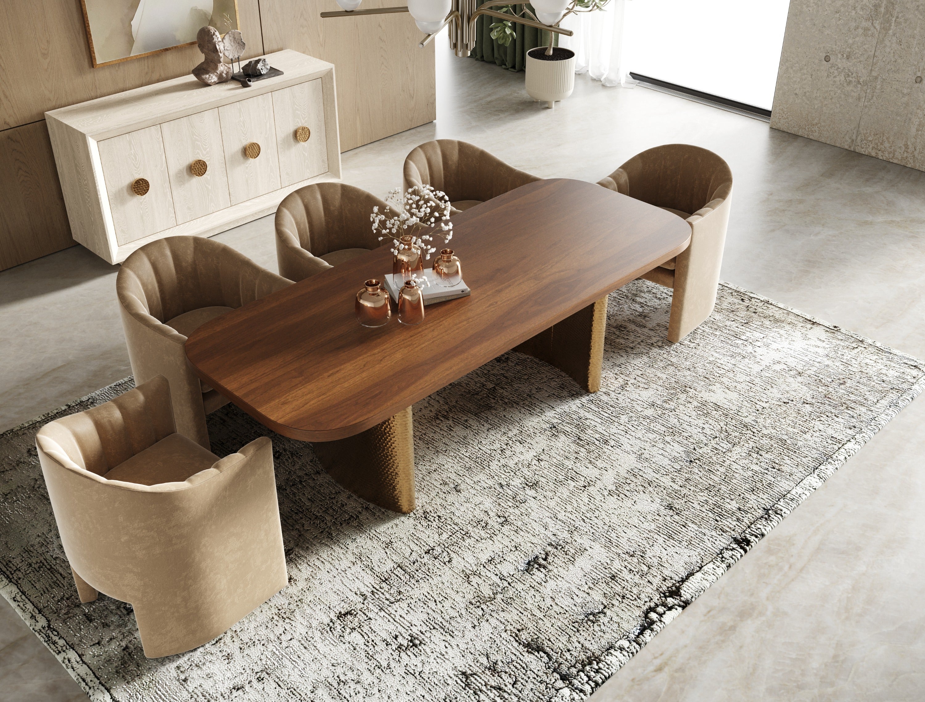 Marjorie - Modern Walnut + Brushed Gold Rectangular Dining Table - image 3