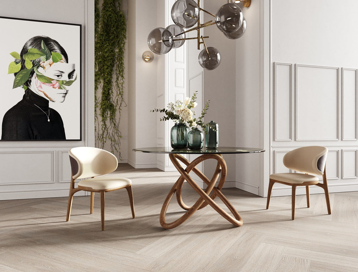 Mason Modern Round Glass & Walnut Dining Table