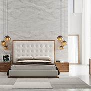 California King Amberlie - Modern White Vegan Leather + Walnut 4-Piece Bedroom Set