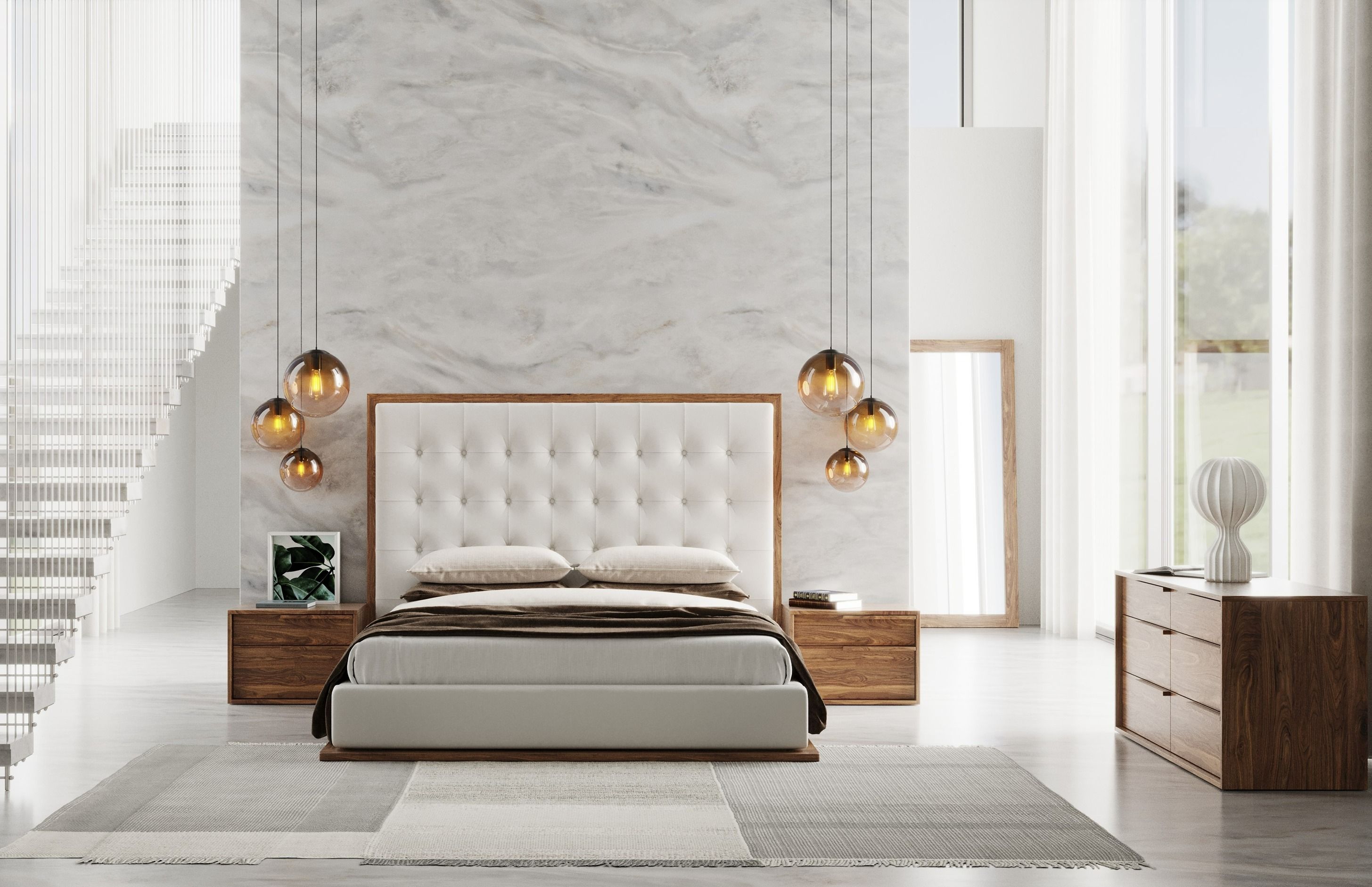 California King Amberlie - Modern White Vegan Leather + Walnut 4-Piece Bedroom Set