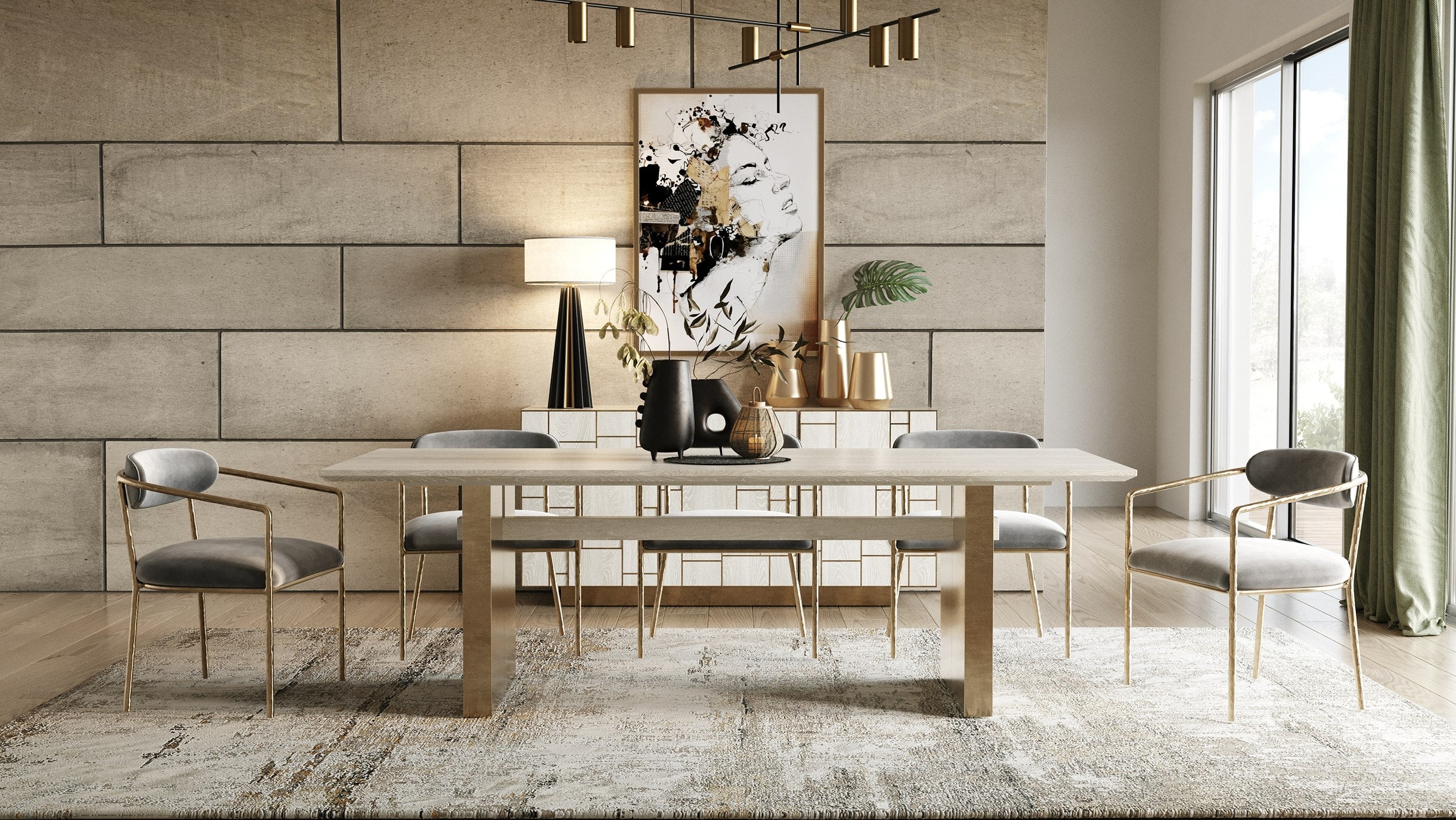 Angus - Modern Cream Ash + Gold Dining Table