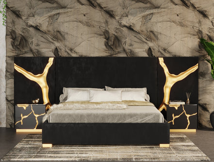 Aspen - Eastern King Glam Black Velvet & Gold Bed - image 2