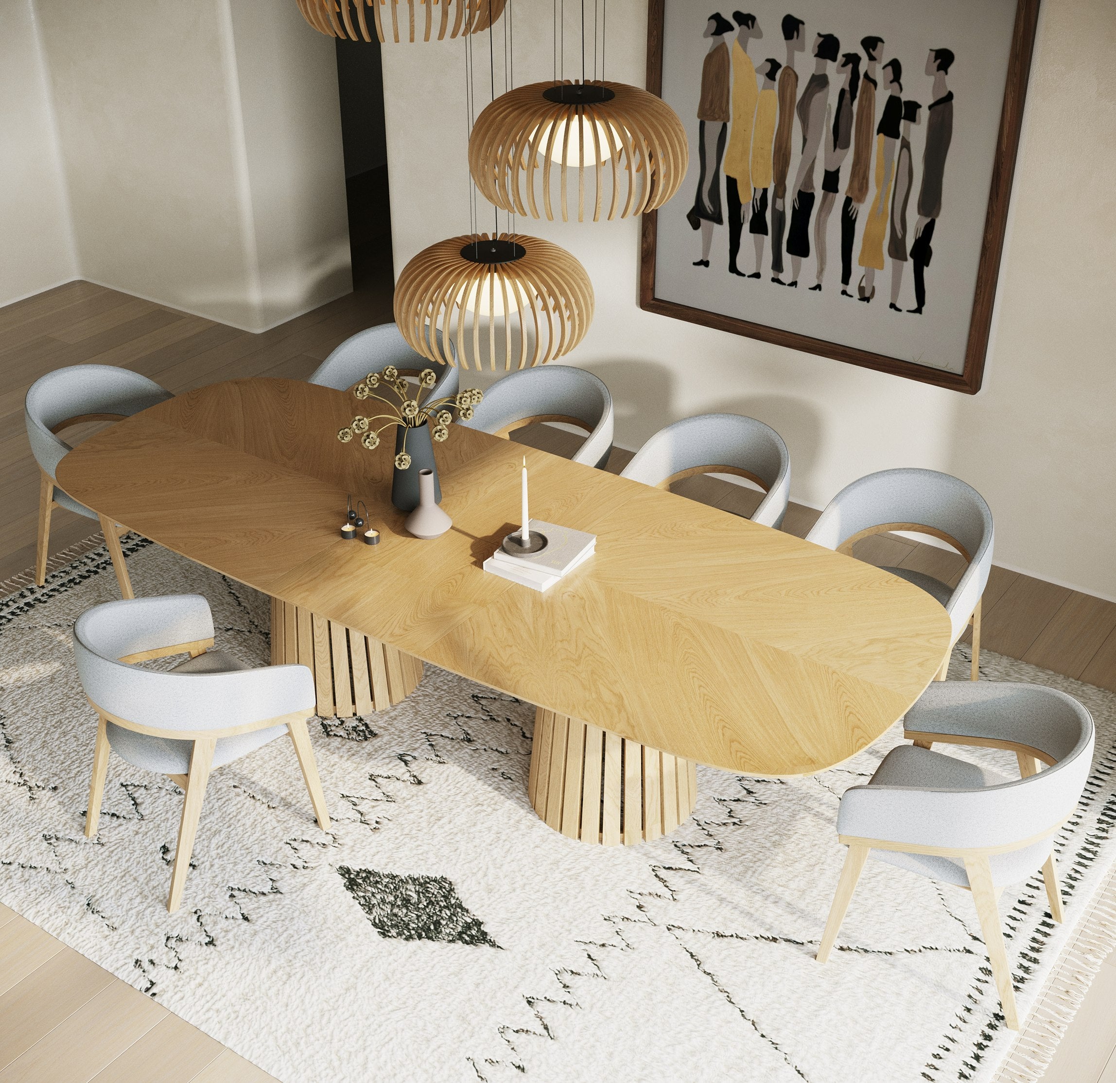 Truman - Mid-Century Modern Natural Oak Extendable Dining Table + 10 Chairs Set - image 2