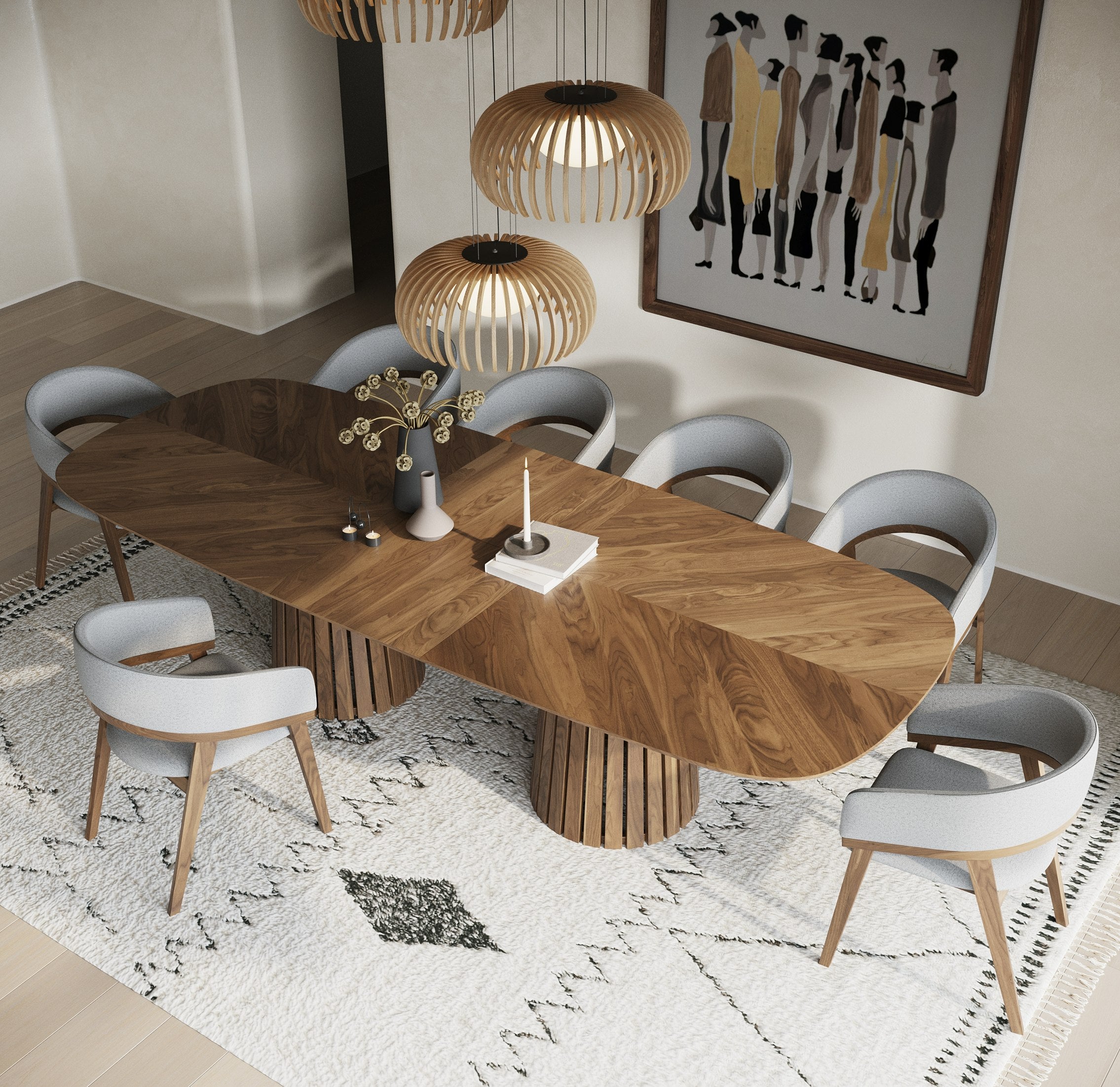 Truman - Mid-Century Modern Walnut Extendable Dining Table + 10 Chairs Set