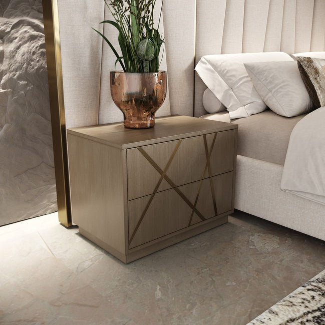 Nixa - Modern Wide Birch + Brushed Bronze Nightstand